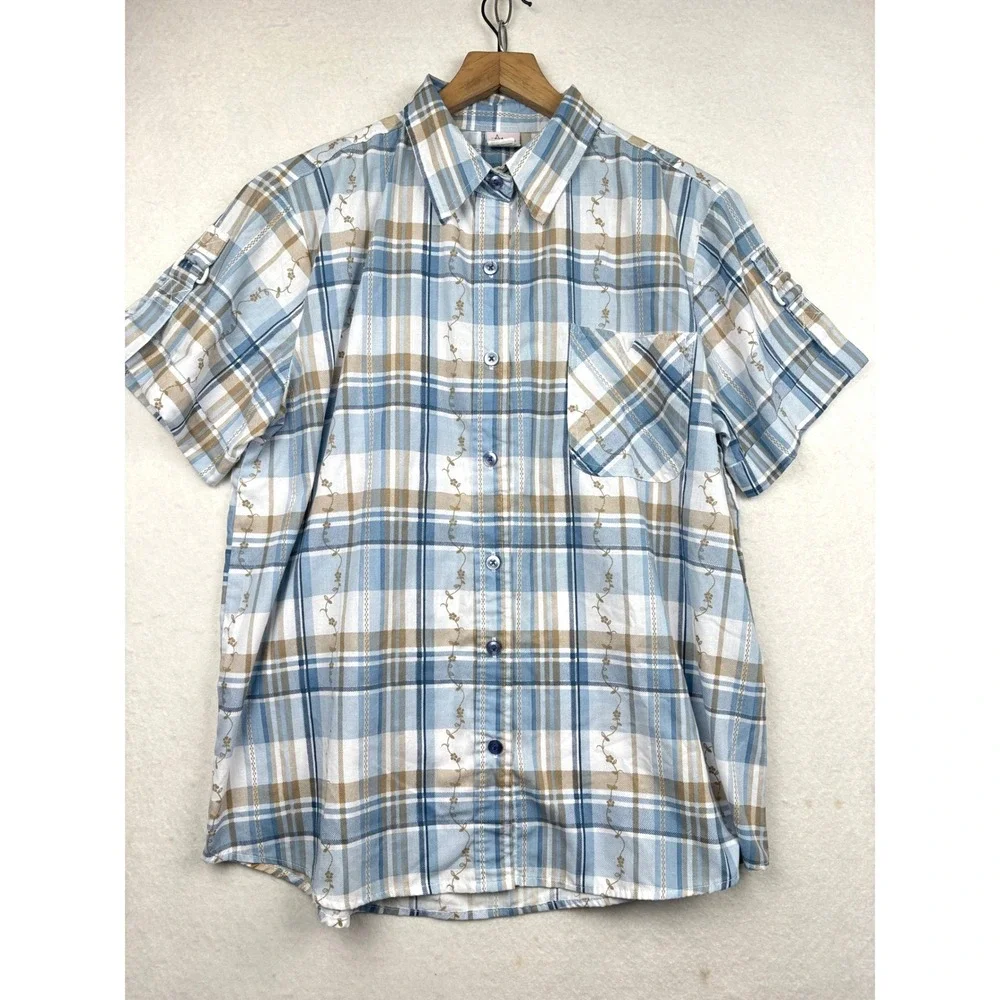 Adrian Delafield Shirt Womens L Plaid Floral Embroidered Button FrontCottagecore
